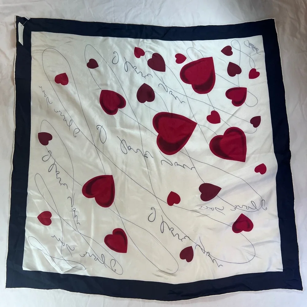 Talbots Silk Scarf NWT I Love You Heart Print Navy Red Cream Square 31x31